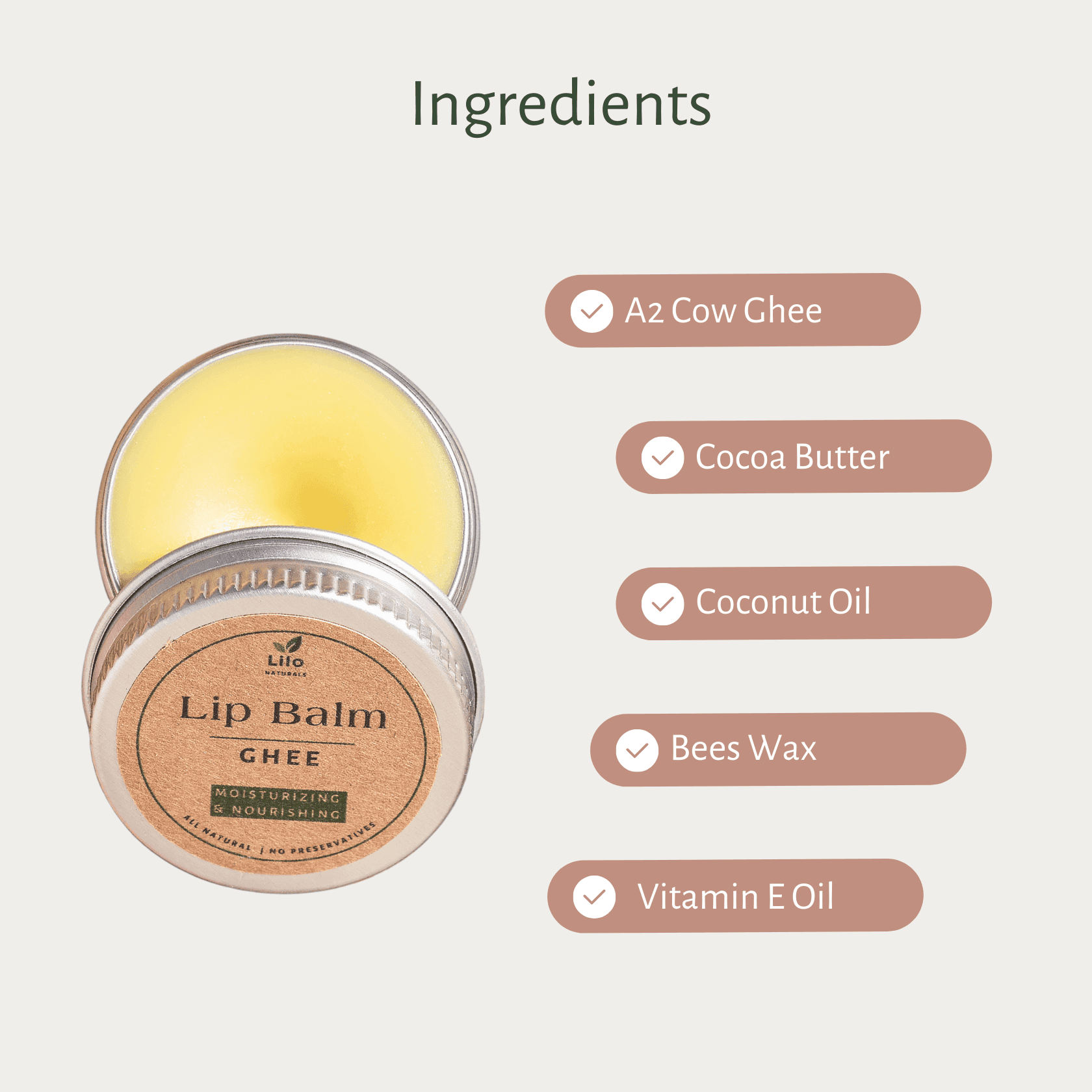 Lilo Naturals Ghee Lip Balm  | Made with A2 Cow Ghee, Cacao Butter, Coconut Oil | For Dry Chapped Pigmented Lips | Grandma Approved 
