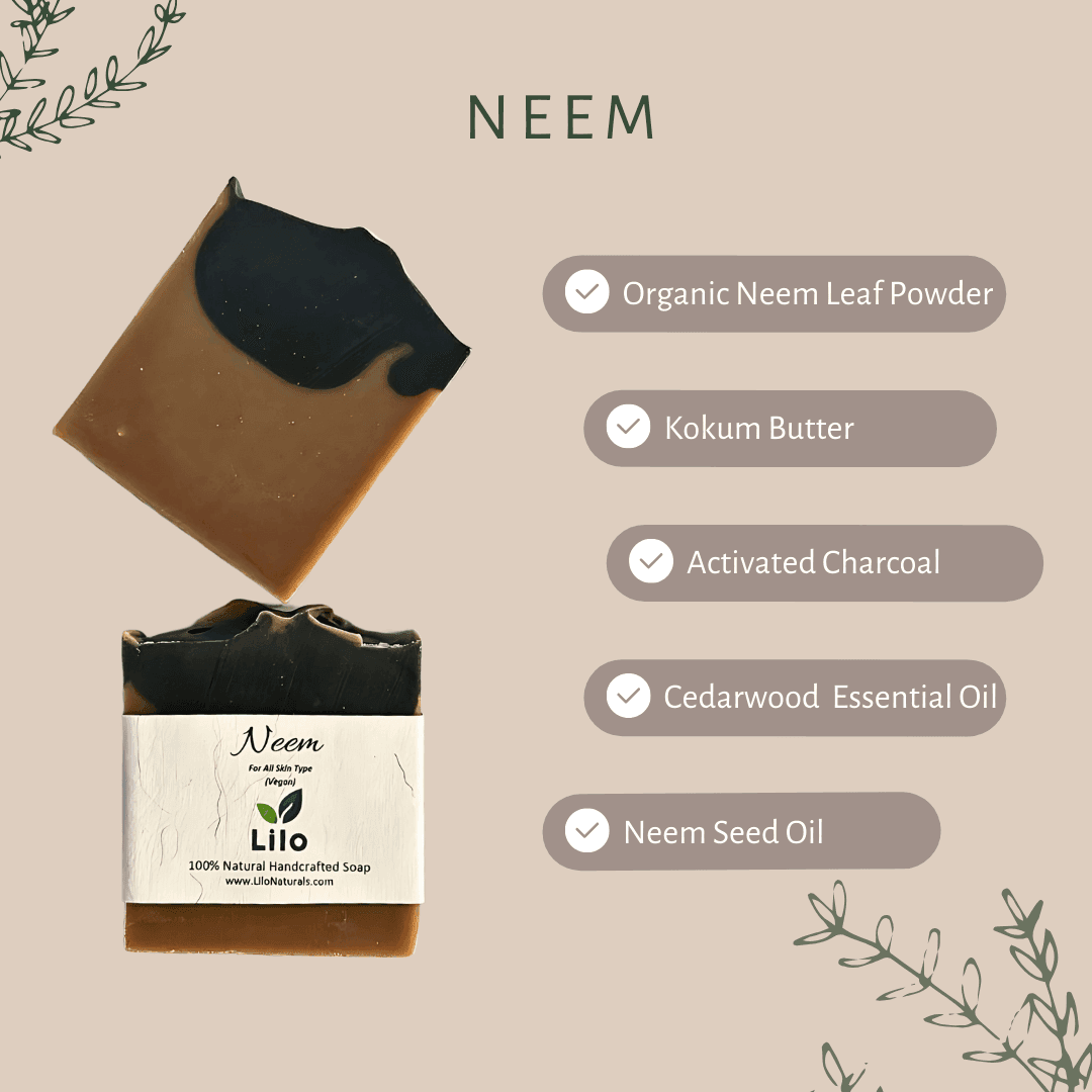 Lilo Naturals Neem Soap | Cold-Process Soap | Natural Glycerin | Organic Neem Leaf Powder, Kokum Butter, Peppermint and Cedarwood Essential Oils  | For All Skin Types | For All Seasons